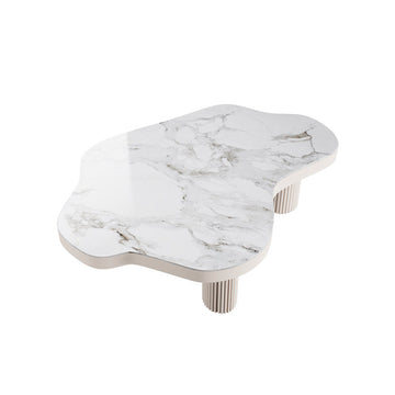 Modern White Sintered Stone Coffee Table with Three Legs & Wave Pattern Design